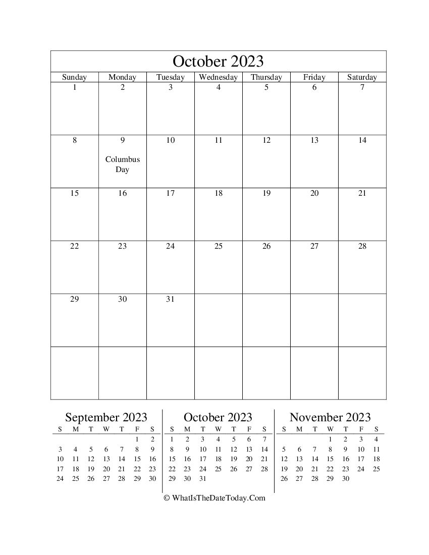 october 2023 editable calendar with three mini calendars in vertical layout