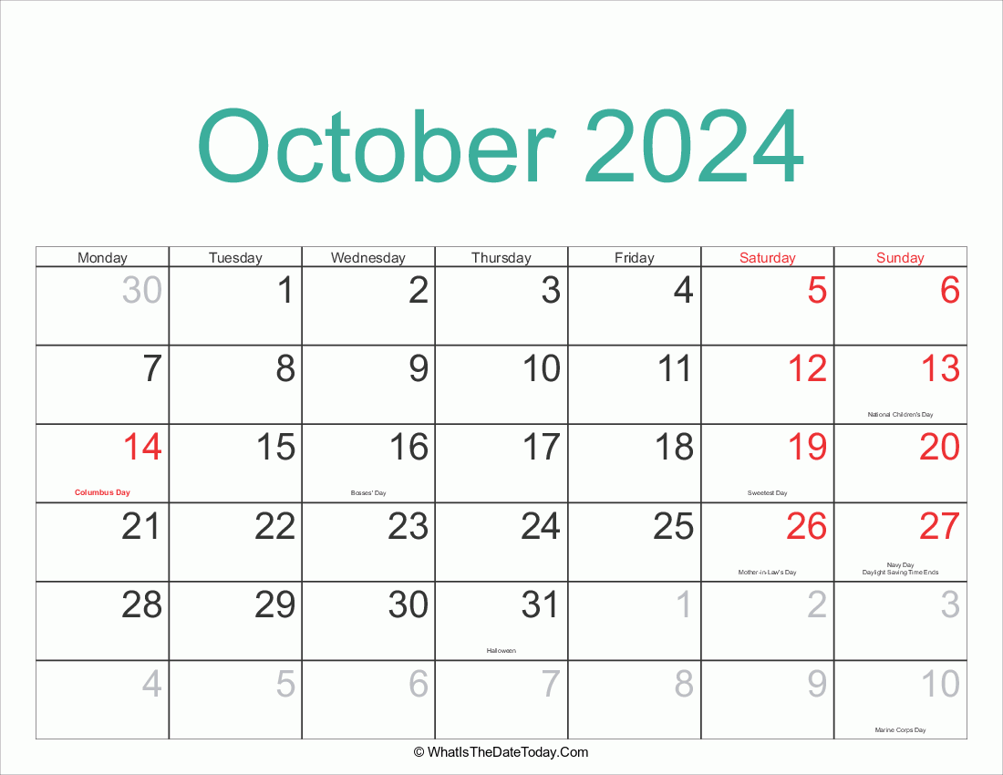 October 2024 Calendar Printable with Holidays