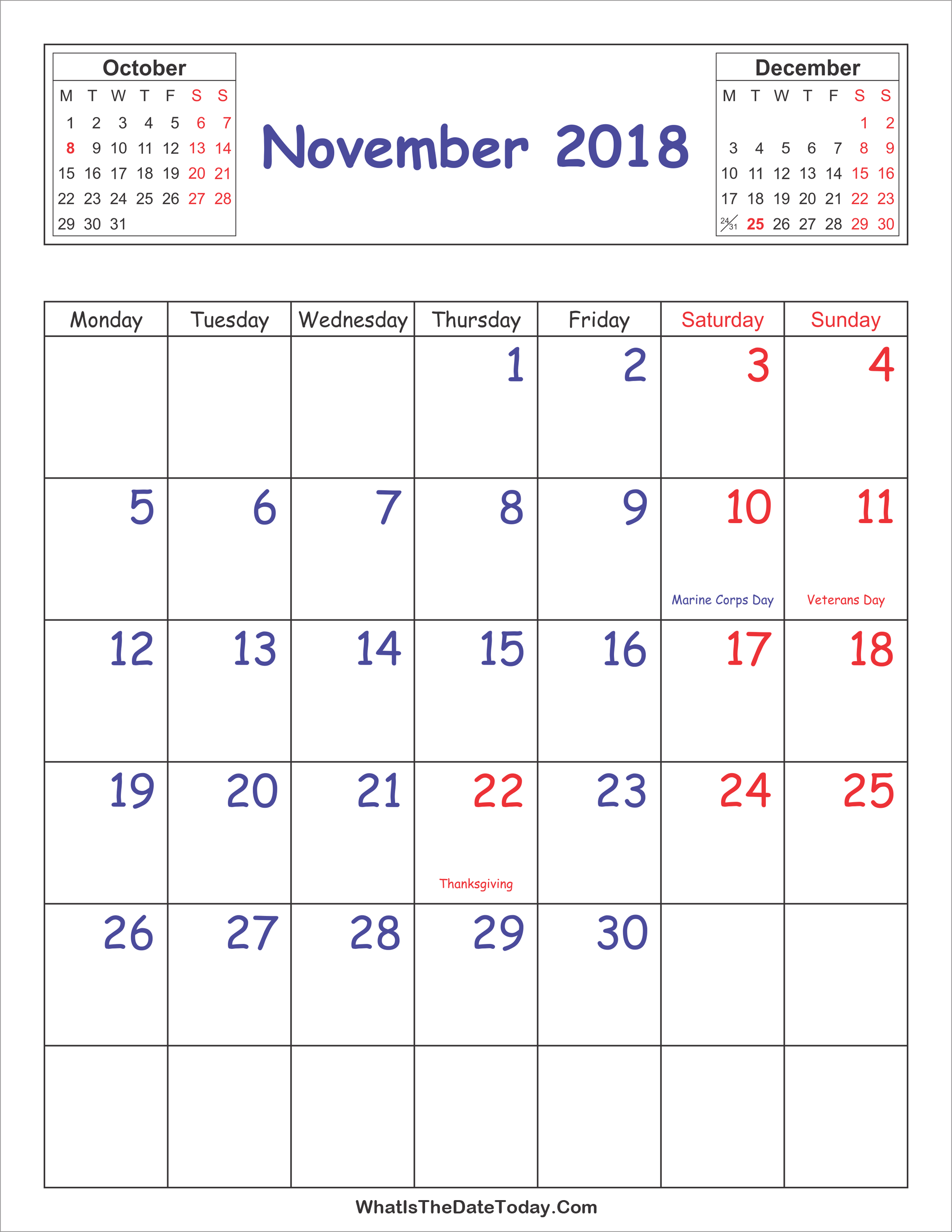 Printable 2018 Calendar November Vertical Layout Whatisthedatetodaycom