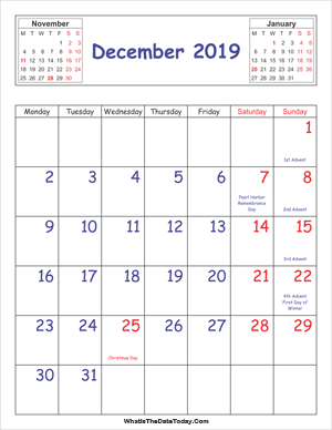 printable 2019 calendar december