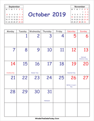 printable 2019 calendar october