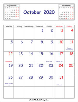 printable 2020 calendar october