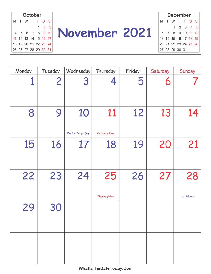 Printable 2021 Calendar November (Vertical Layout)