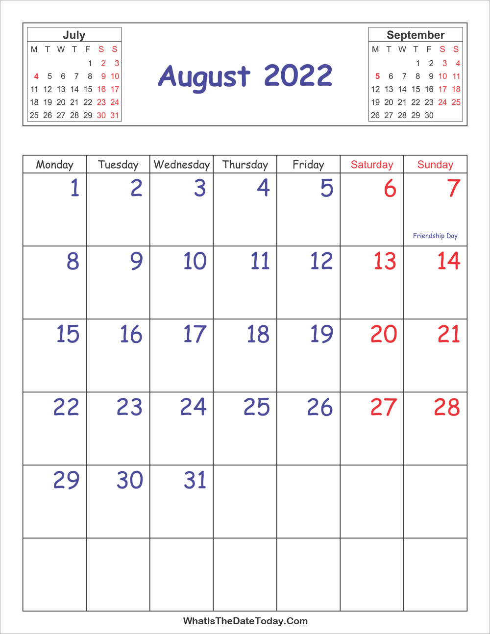 printable 2022 calendar august (vertical layout)