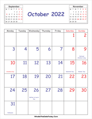 printable 2022 calendar october (vertical)