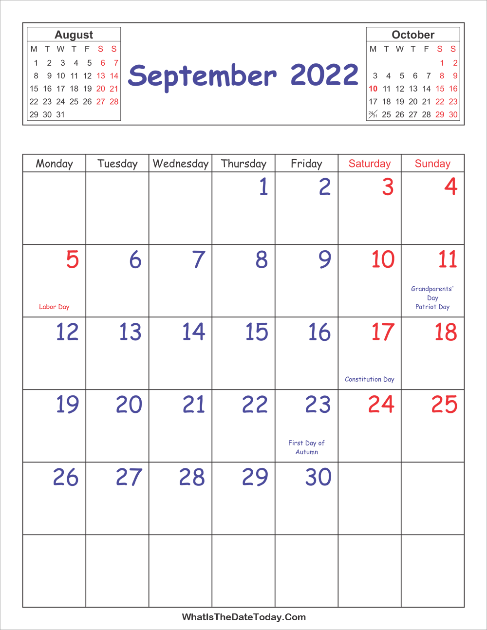 printable 2022 calendar september (vertical layout)