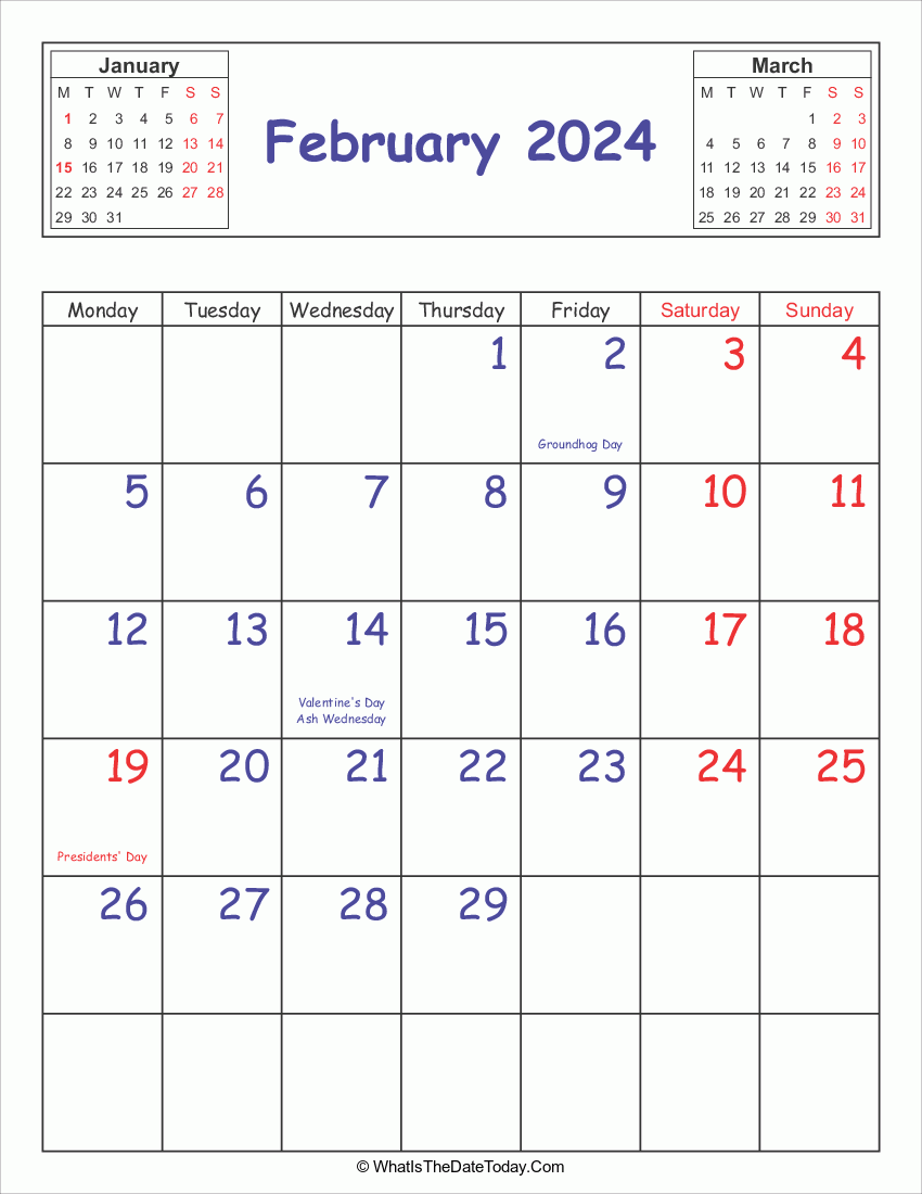 printable 2024 calendar february (vertical layout)