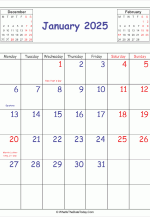 printable 2025 calendar january