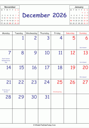 printable 2026 calendar december