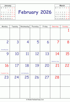 printable 2026 calendar february