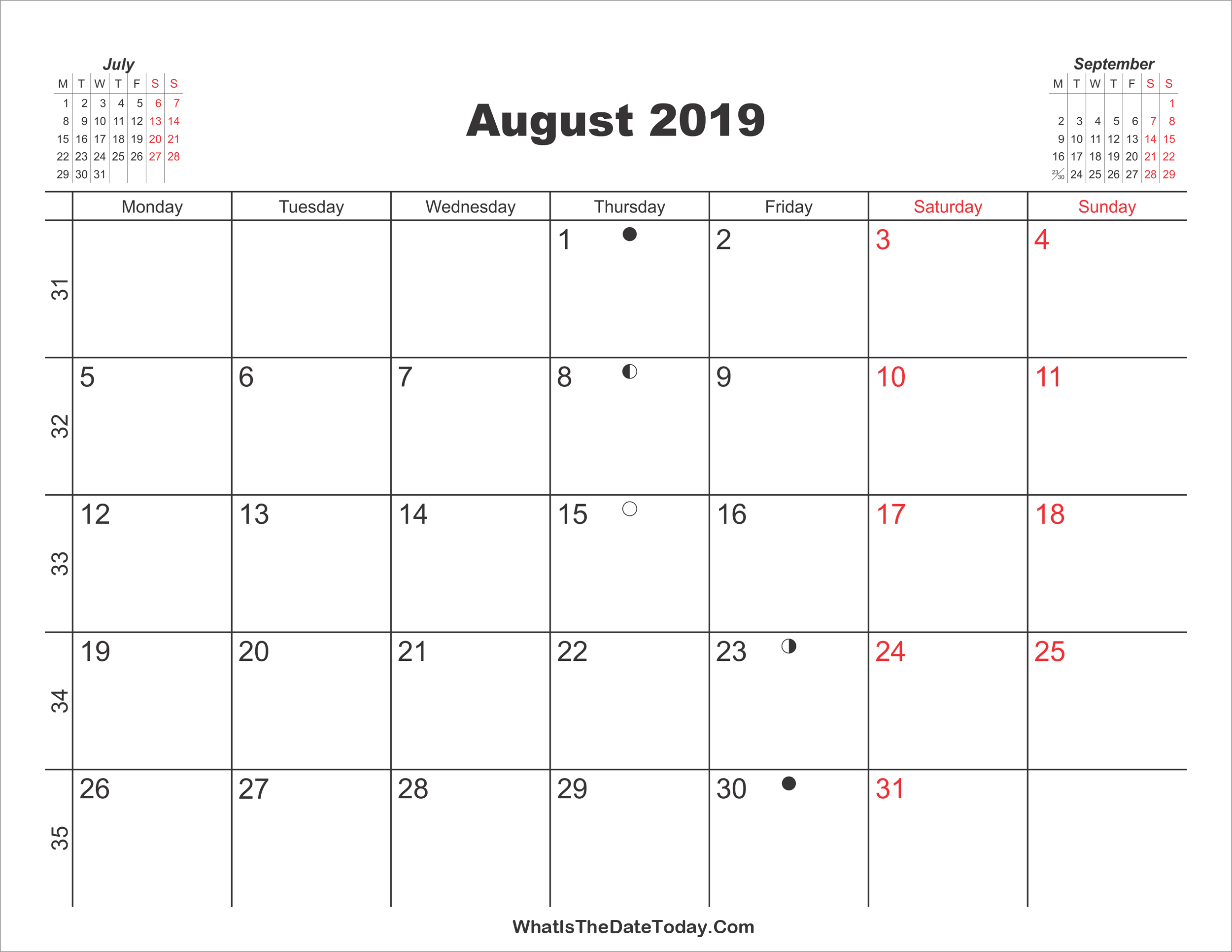 Printable Calendar August 2019 | Whatisthedatetoday.Com