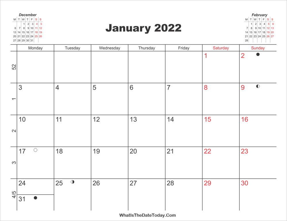 printable calendar january 2022