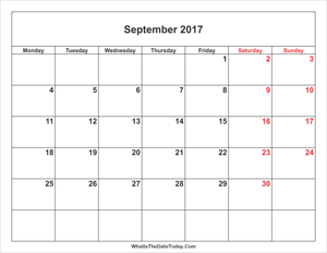 september 2017 calendar with weekend highlight