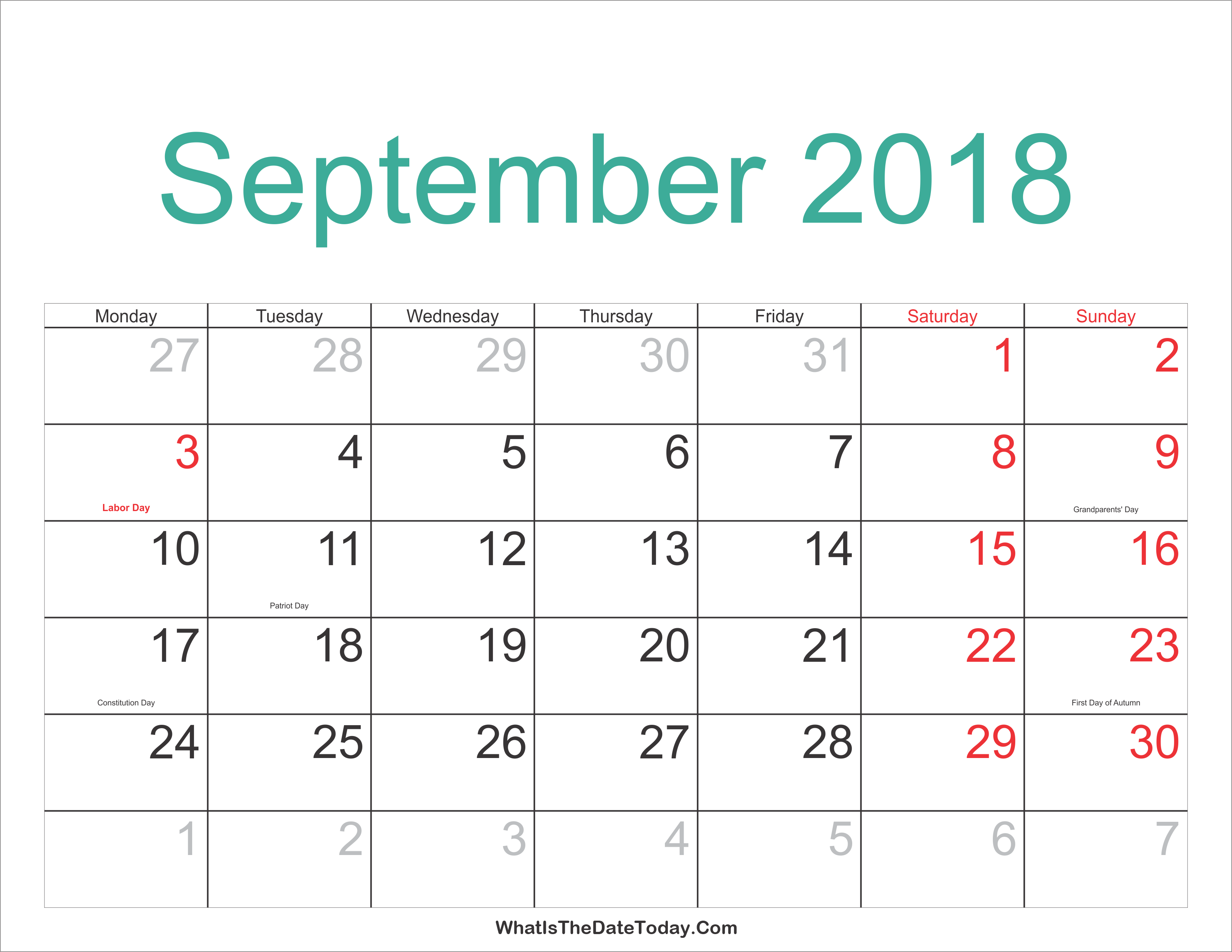 Blank September 2018 Calendar With Holidays Printable Free