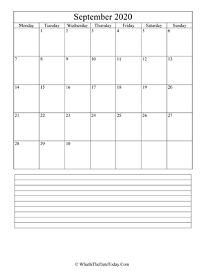 september 2020 calendar editable with notes
