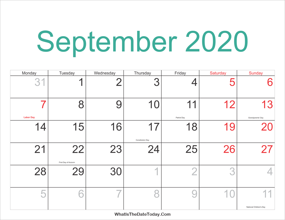 September 2020 Calendar Printable with Holidays