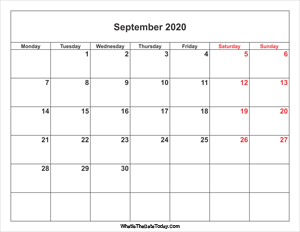 september 2020 calendar with weekend highlight