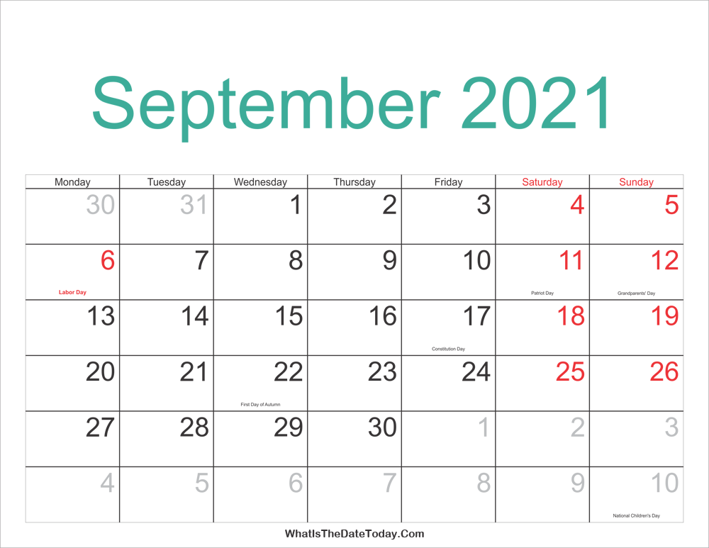 September 2021 Calendar Printable with Holidays