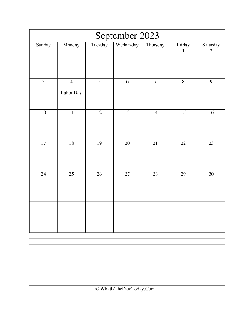 september 2023 calendar editable with notes in vertical layout