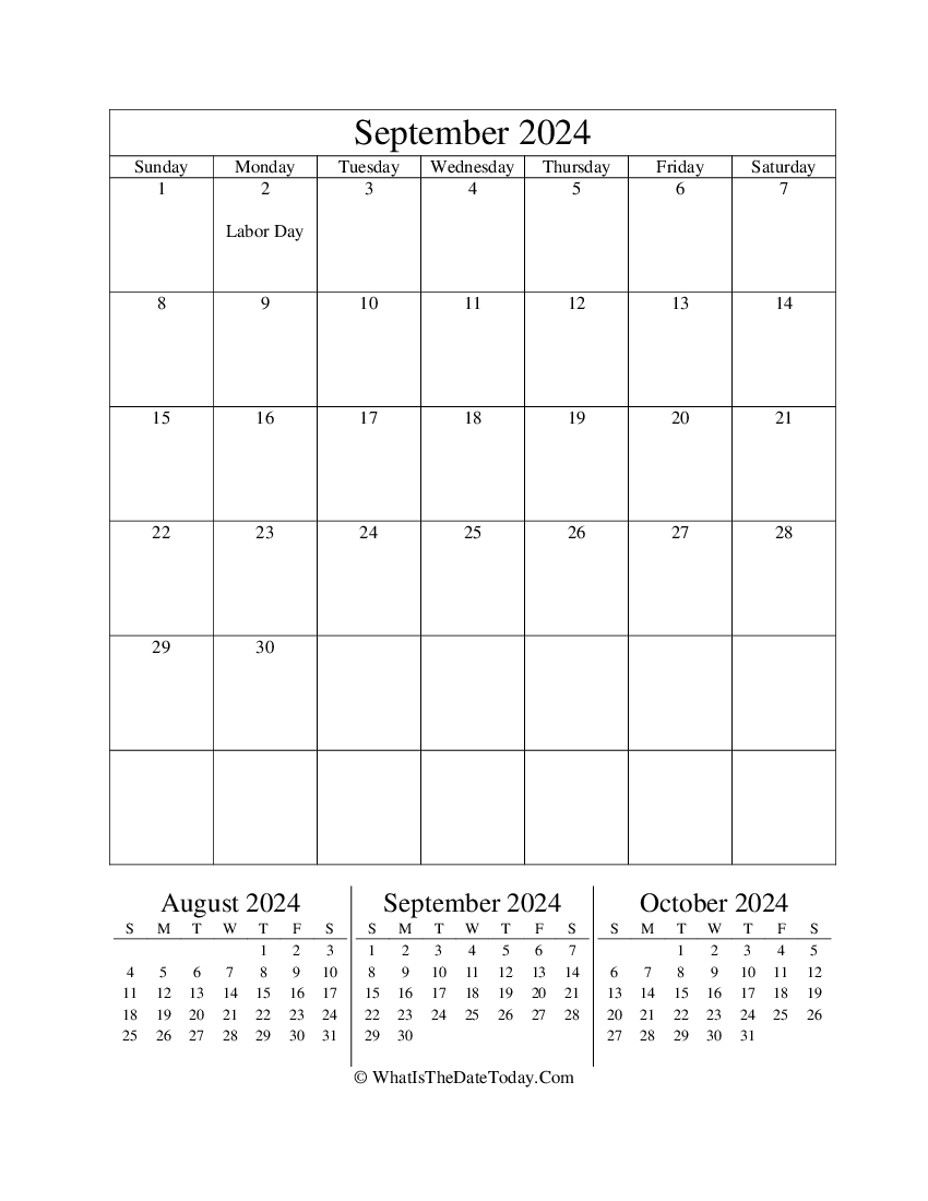 september 2024 editable calendar with three mini calendars in vertical layout