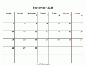 september 2026 calendar with weekend highlight